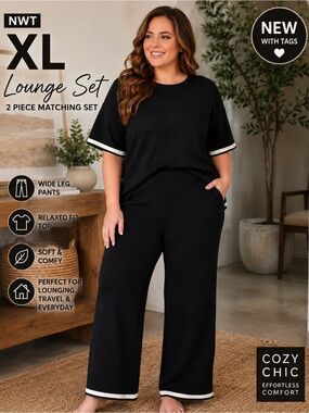 NWT XL Black 2 Piece Lounge Set Wide Leg Pants Matching Set Plus Size Cozy Chic